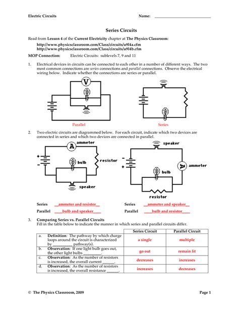 combination circuits worksheet answers physics classroom